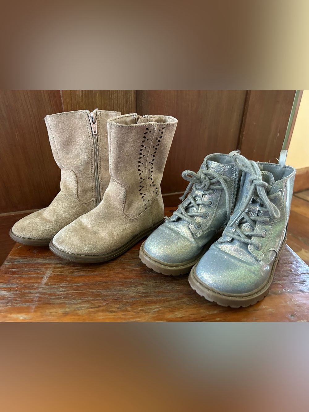 Girls Light Gray Suede Pull-On Boots and Shimmery Blue Lace-Up Boot Set
